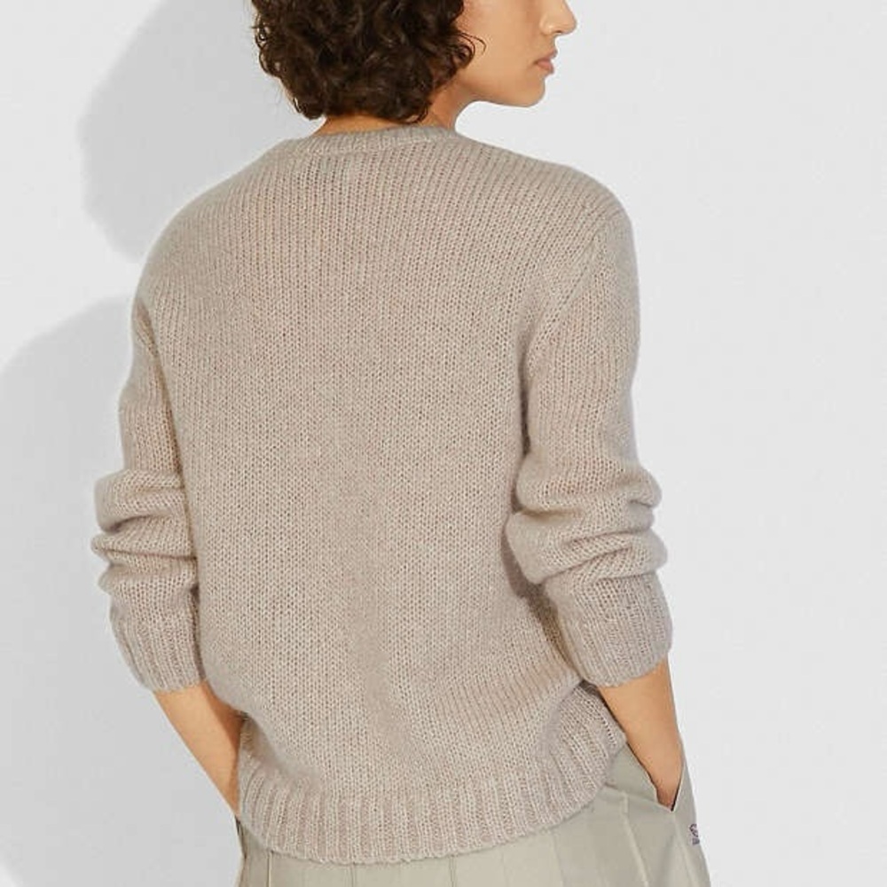 Coach Daisy Embroidered Intarsia Beige Mohair Wool Crew Neck Sweater Size M - Picture 7 of 8